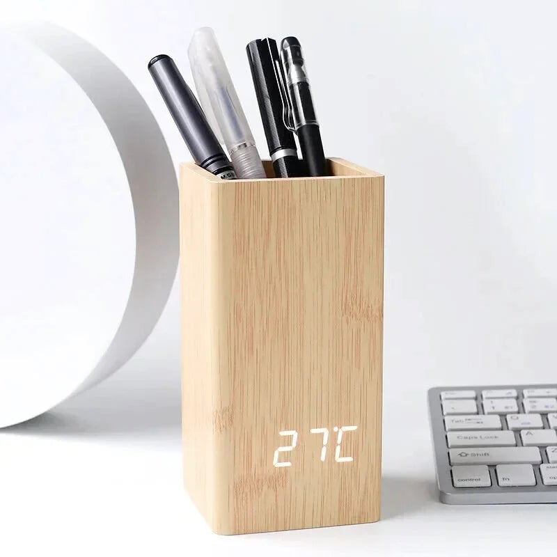 Réveil en Bois Pot à Crayon affichage LED - Cedora
