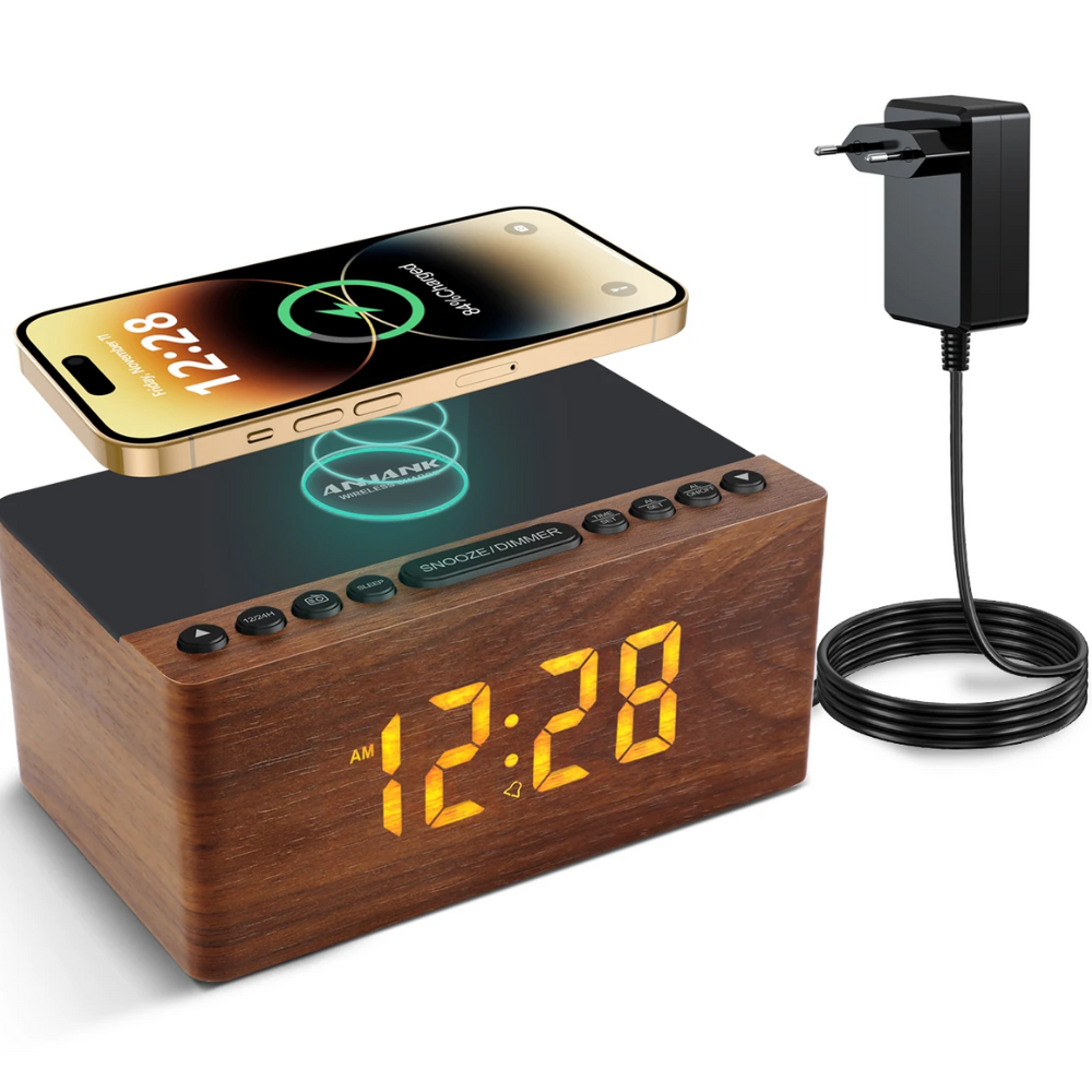 Radio réveil en Bois LED chargeur sans fil - Soniva