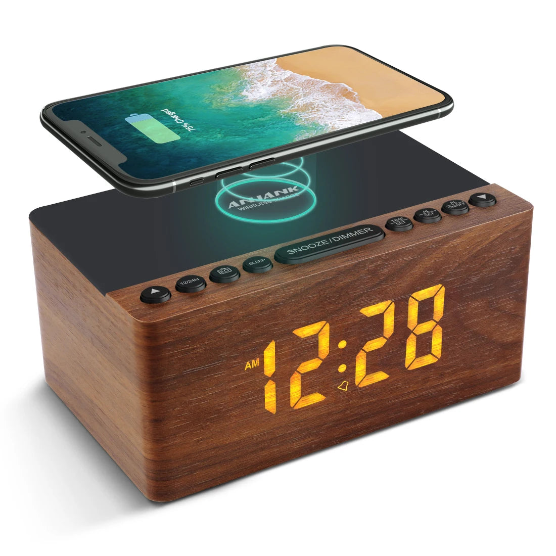 Radio réveil en Bois LED chargeur sans fil - Soniva